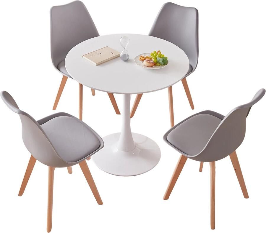 KTN Eetkamerset Ronde Eettafel met 4 Eetkamerstoelen Tafel en Stoelen Eethoek Rugleuning Houten poten Kunststof Wit Grijs