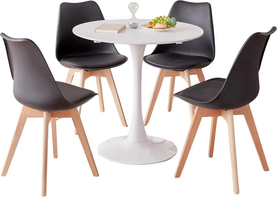 KTN Eetkamerset Ronde Eettafel met 4 Eetkamerstoelen Tafel en Stoelen Eethoek Rugleuning Houten poten Kunststof Wit Zwart