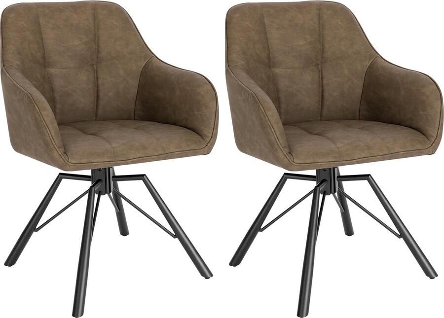 KTN Eetkamerstoelen set van 2 360 Graden Draaibare Zitting Rugleuning Armleuning Fauteuil Woonkamerstoelen Kuipstoelen Leer Kunstleer Gewatteerde Zitting Metalen Poten Donkerbruin Bruin