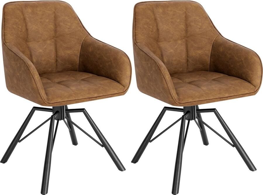 KTN Eetkamerstoelen set van 2 360 Graden Draaibare Zitting Rugleuning Armleuning Fauteuil Woonkamerstoelen Kuipstoelen Leer Kunstleer Gewatteerde Zitting Metalen Poten Bruin
