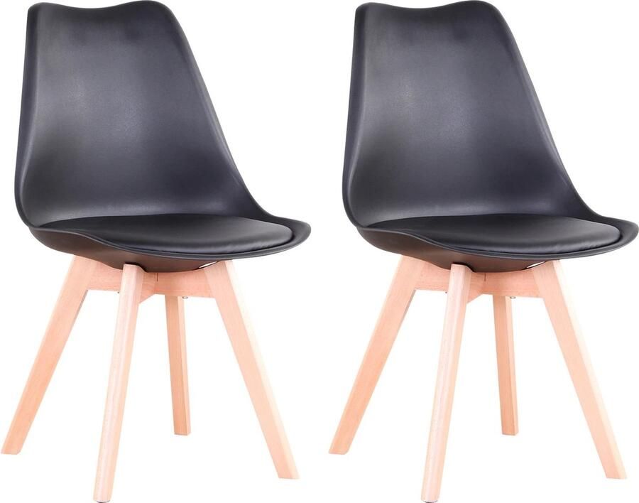 KTN Eetkamerstoelen set van 2 Rugleuning Fauteuil Woonkamerstoelen Kuipstoelen Gewatteerde zitting Houten poten Kunststof Zwart