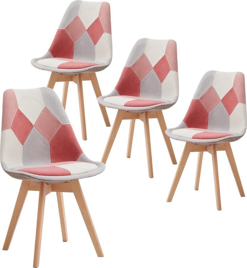 KTN Eetkamerstoelen set van 4 Rugleuning Fauteuil Woonkamerstoelen Kuipstoelen Fluwelen Stof Gewatteerde zitting Houten poten Patchwork Patroon Roze