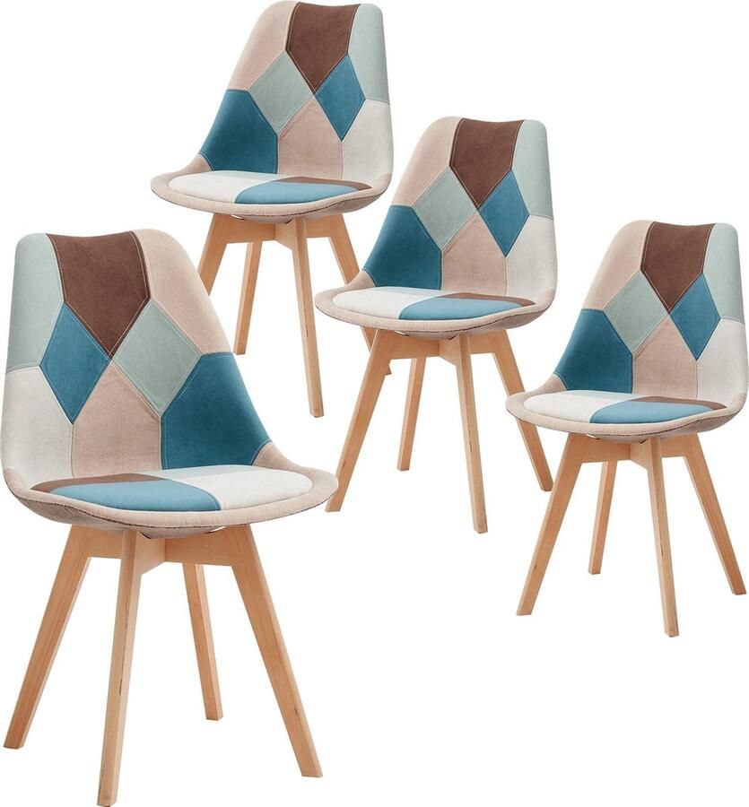 Ktn Eetkamerstoelen set van 4 Rugleuning Fauteuil Woonkamerstoelen Kuipstoelen Fluwelen Stof Gewatteerde zitting Houten poten Patchwork Patroon Blauw