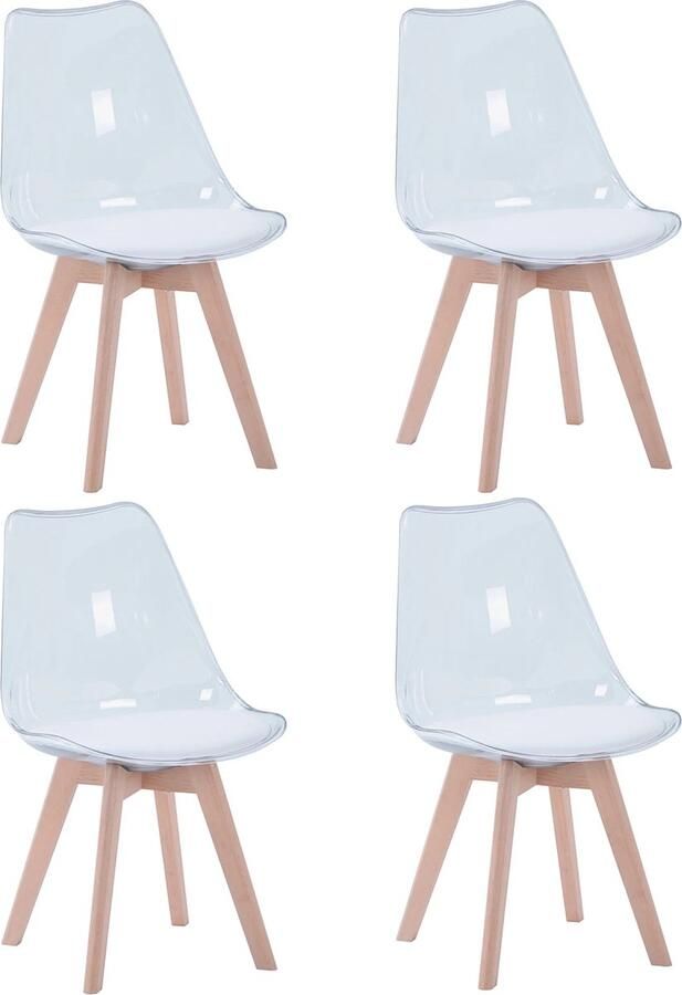 KTN Eetkamerstoelen set van 4 Rugleuning Fauteuil Woonkamerstoelen Kuipstoelen Gewatteerde zitting Houten poten Transparant Wit