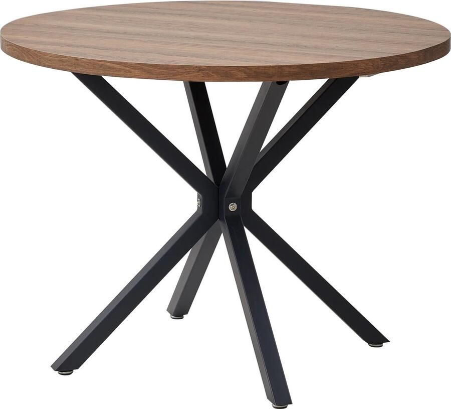 KTN Eettafel Tafel Rond Metalen Kruispoot Massief Hout Zwarte Poten Donker Eiken Tafelblad 100 cm