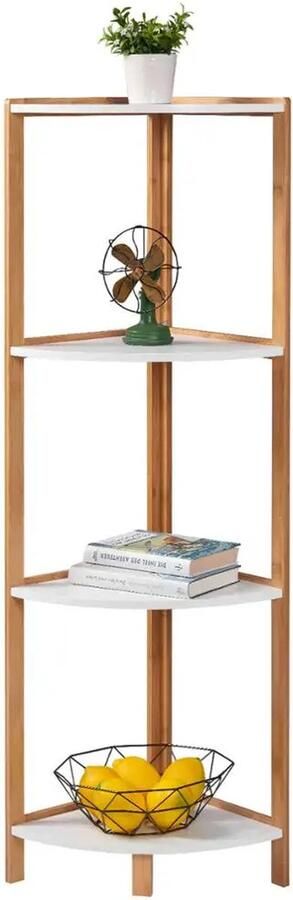 KTN Hoekkast Badkamer Kast Open Bamboerek Boekenkast Boekenrek Plantenrek Opbergkast 4 Laags Bamboe Bruin Wit