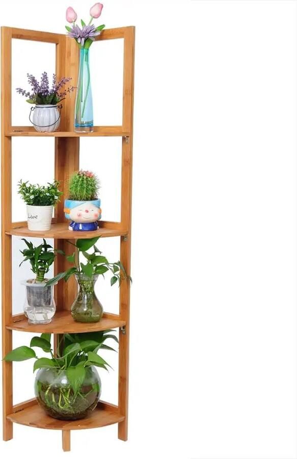 KTN Hoekkast Badkamer Kast Open Bamboerek Boekenkast Boekenrek Plantenrek Opbergkast Inklapbaar 4 Laags Bamboe Bruin