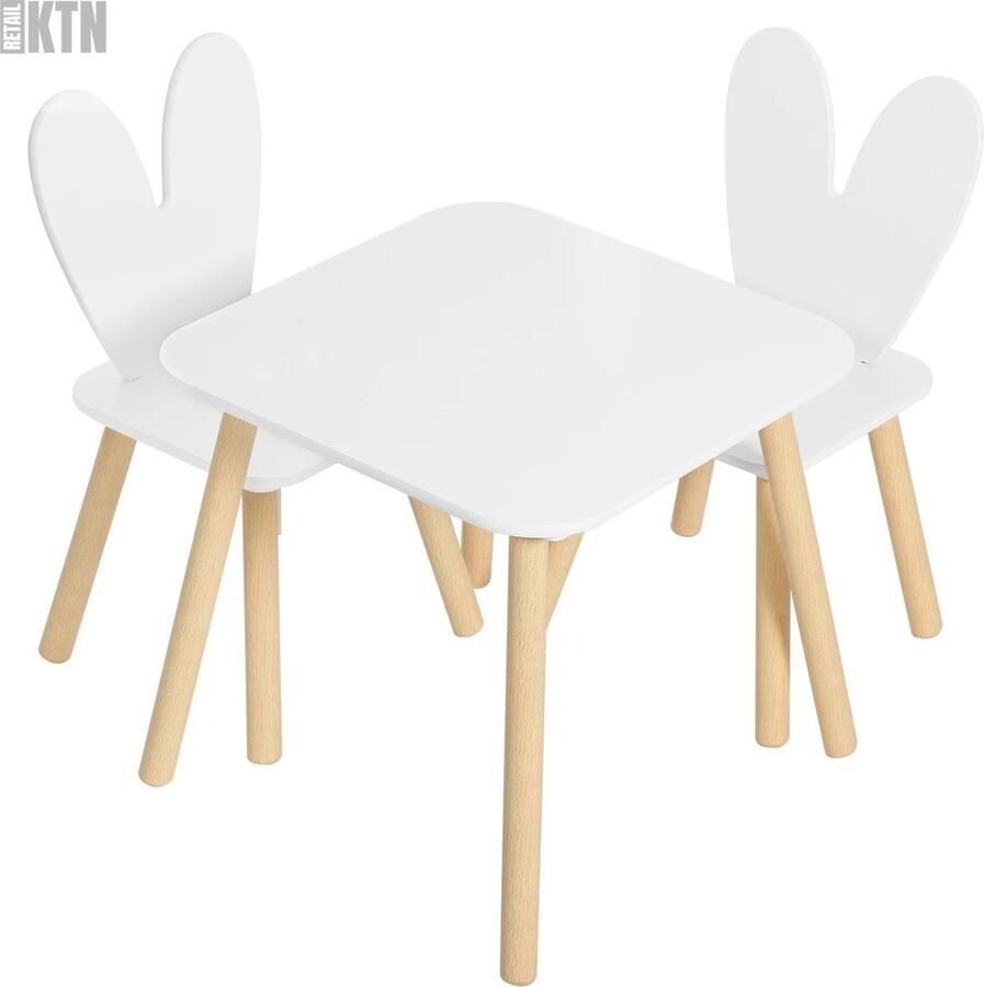 KTN Kindertafel Met 2 Stoelen Kinderstoelen Eethoek Set Konijnenoren Massief Hout Montessori Wit