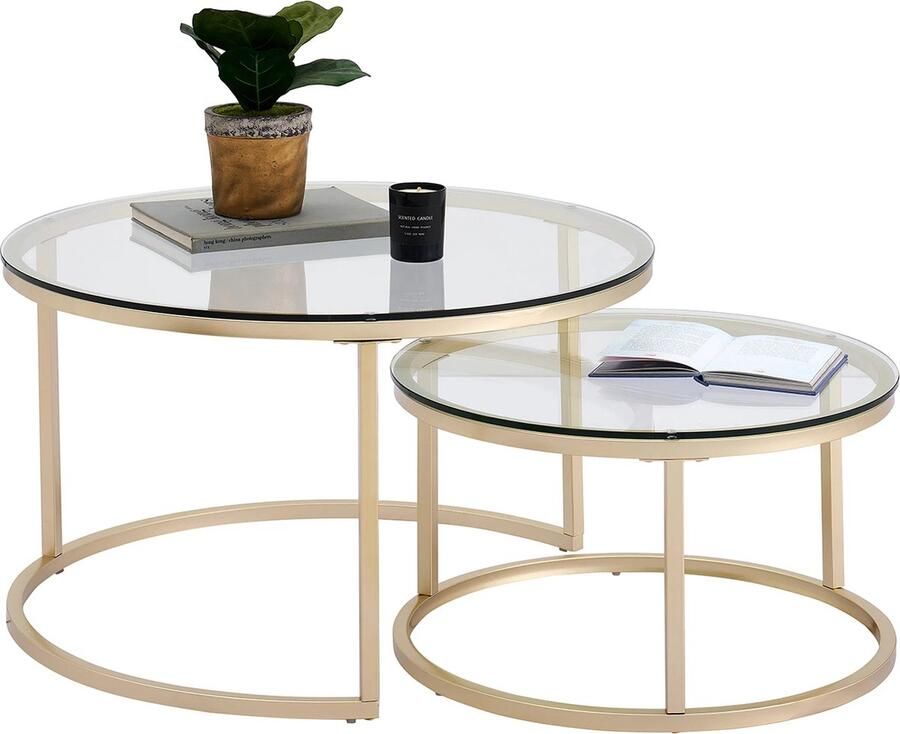 KTN Salontafel Set van 2 Rond Bijzettafel Koffietafel Gouden Poten Transparant Glas 80 & 60 CM