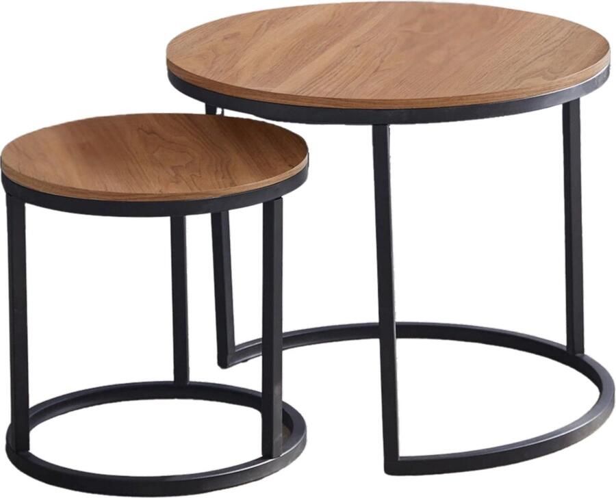 KTN Salontafel Set van 2 Rond Bijzettafel Koffietafel Minimalistisch Nordic Zwarte Poten Dark Oak Donker Eiken