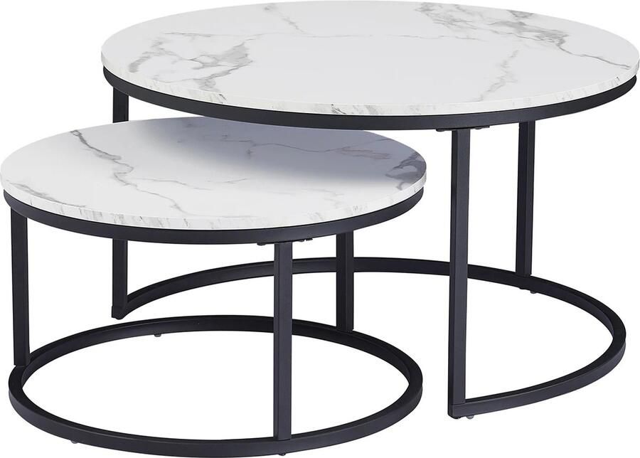 KTN Salontafel Set van 2 Rond Bijzettafel Koffietafel Zwarte Poten Marmerlook 60 & 40 CM