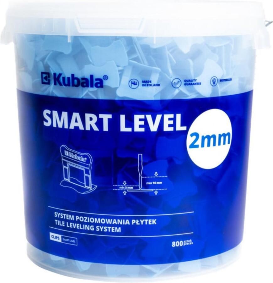 Kubala 800 clips de carrelage Smart Level 2mm + seau plastique 20L