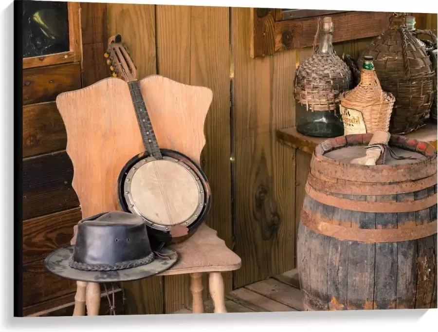 KuijsFotoprint Canvas Hoed en Banjo op Houten Stoel 100x75cm Foto op Canvas Schilderij (Wanddecoratie op Canvas)