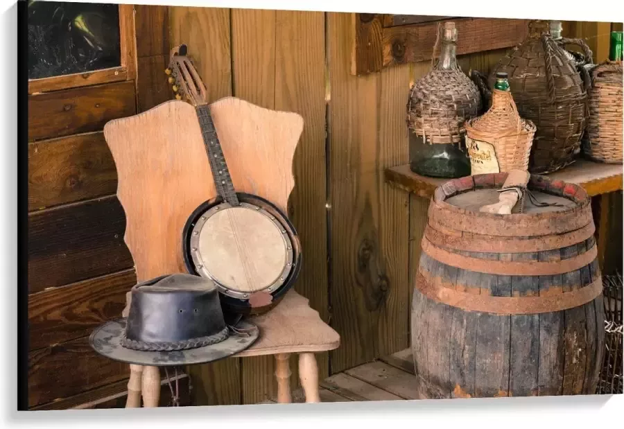 KuijsFotoprint Canvas Hoed en Banjo op Houten Stoel 120x80cm Foto op Canvas Schilderij (Wanddecoratie op Canvas)