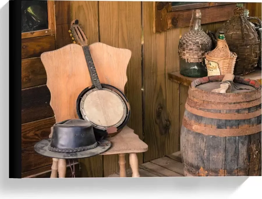 KuijsFotoprint Canvas Hoed en Banjo op Houten Stoel 40x30cm Foto op Canvas Schilderij (Wanddecoratie op Canvas)