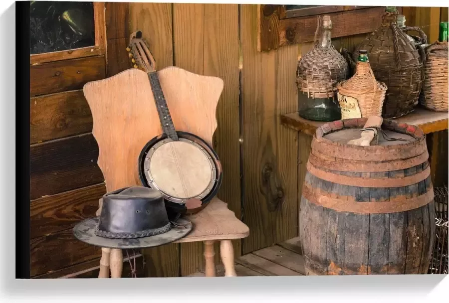 KuijsFotoprint Canvas Hoed en Banjo op Houten Stoel 60x40cm Foto op Canvas Schilderij (Wanddecoratie op Canvas)