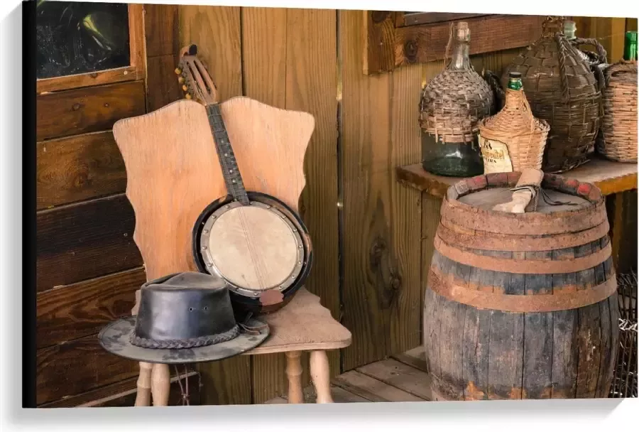 KuijsFotoprint Canvas Hoed en Banjo op Houten Stoel 90x60cm Foto op Canvas Schilderij (Wanddecoratie op Canvas)