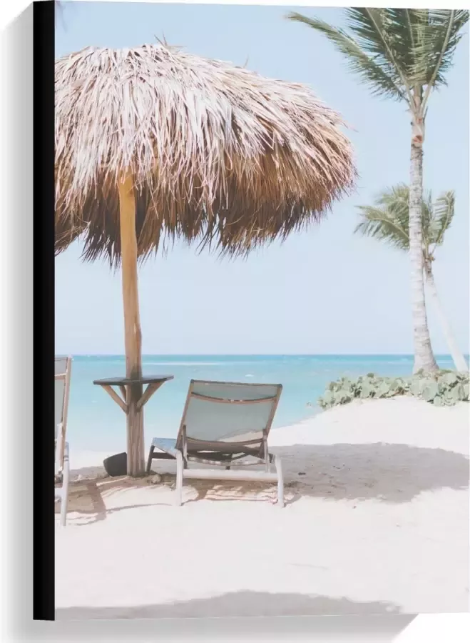 KuijsFotoprint Canvas Parasol met Ligbed op Strand 40x60cm Foto op Canvas Schilderij (Wanddecoratie op Canvas)
