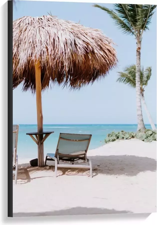 KuijsFotoprint Canvas Parasol met Ligbed op Strand 60x90cm Foto op Canvas Schilderij (Wanddecoratie op Canvas)