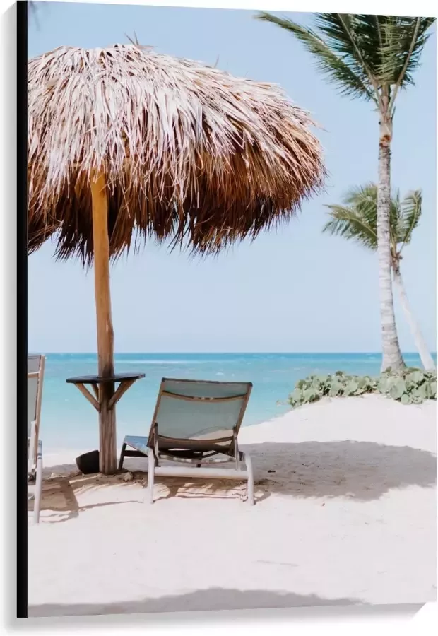 KuijsFotoprint Canvas Parasol met Ligbed op Strand 80x120cm Foto op Canvas Schilderij (Wanddecoratie op Canvas)