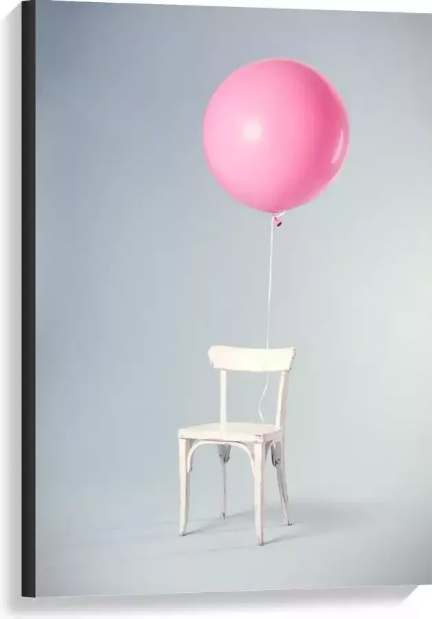 KuijsFotoprint Canvas Witte Stoel met Grote Roze Ballon 60x90cm Foto op Canvas Schilderij (Wanddecoratie op Canvas)
