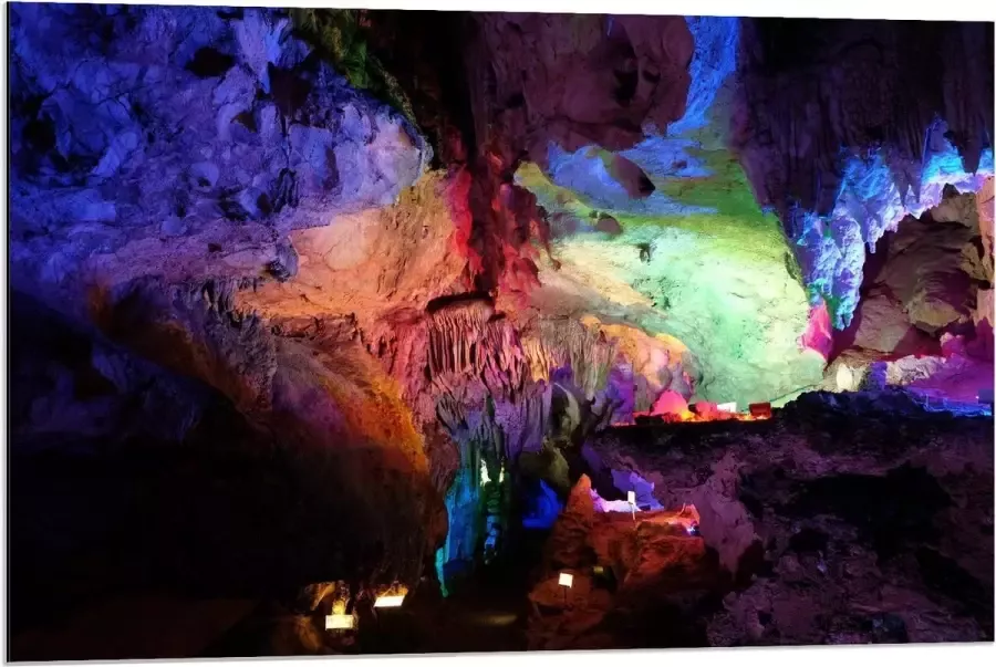 KuijsFotoprint Dibond Grotten met Gekleurde Lampen 90x60cm Foto op Aluminium (Met Ophangsysteem)