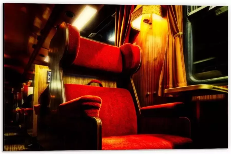 KuijsFotoprint Dibond Rode Luxe Trein Stoelen 60x40cm Foto op Aluminium (Wanddecoratie van metaal)