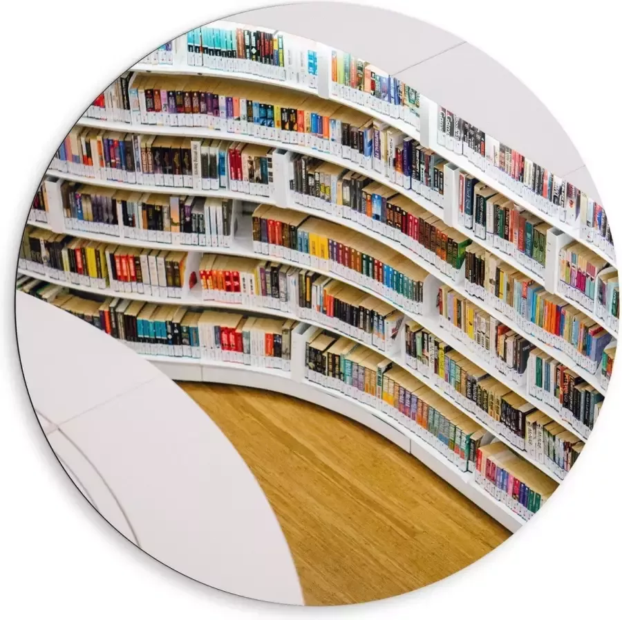 KuijsFotoprint Dibond Wandcirkel Boekenkast in Bibliotheek 80x80cm Foto op Aluminium Wandcirkel (met ophangsysteem)