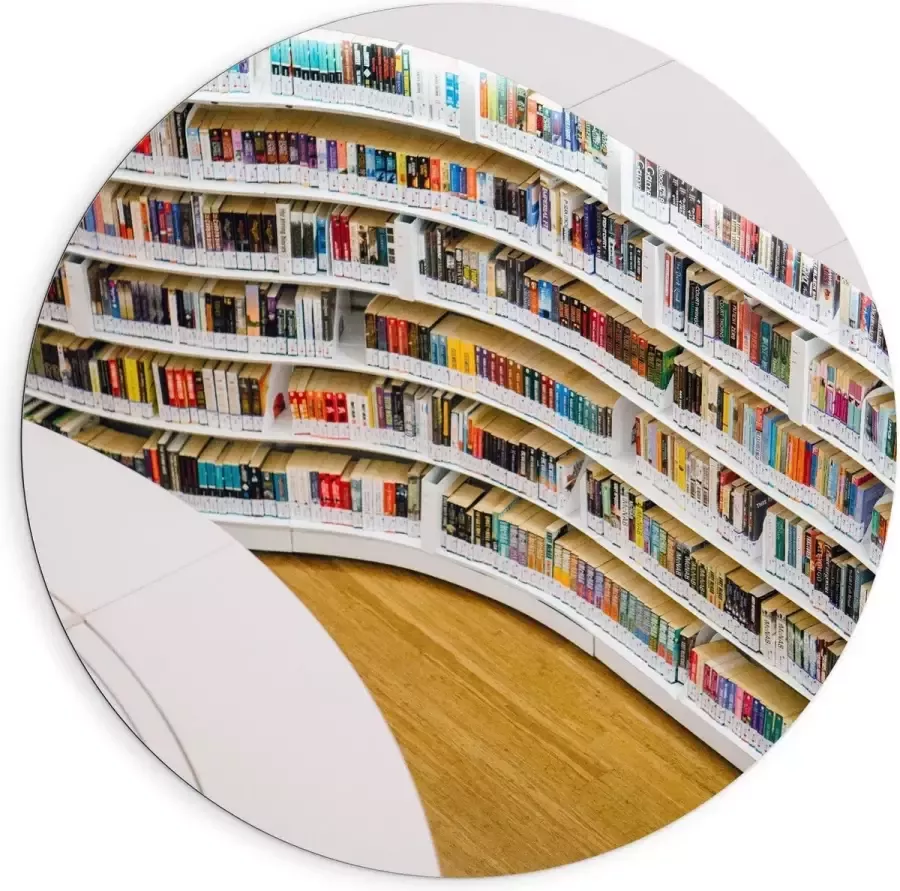 KuijsFotoprint Dibond Wandcirkel Boekenkast in Bibliotheek 90x90cm Foto op Aluminium Wandcirkel (met ophangsysteem)