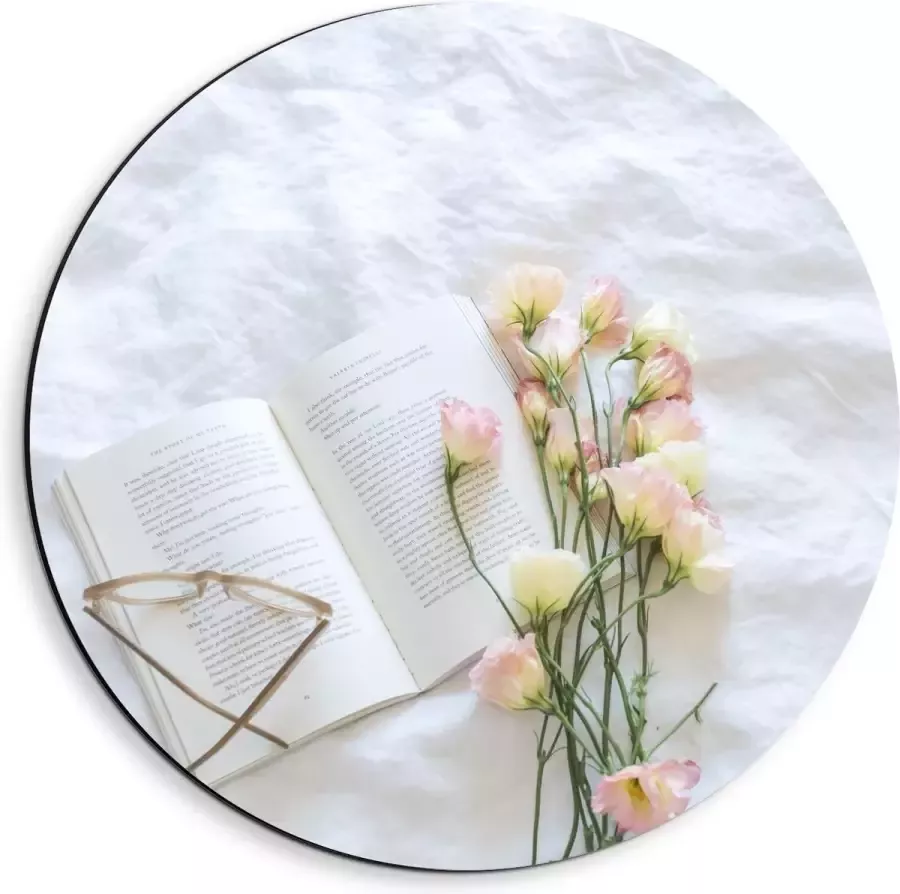 KuijsFotoprint Dibond Wandcirkel Boekje met Bril en Bloemen op Bed 40x40cm Foto op Aluminium Wandcirkel (met ophangsysteem)