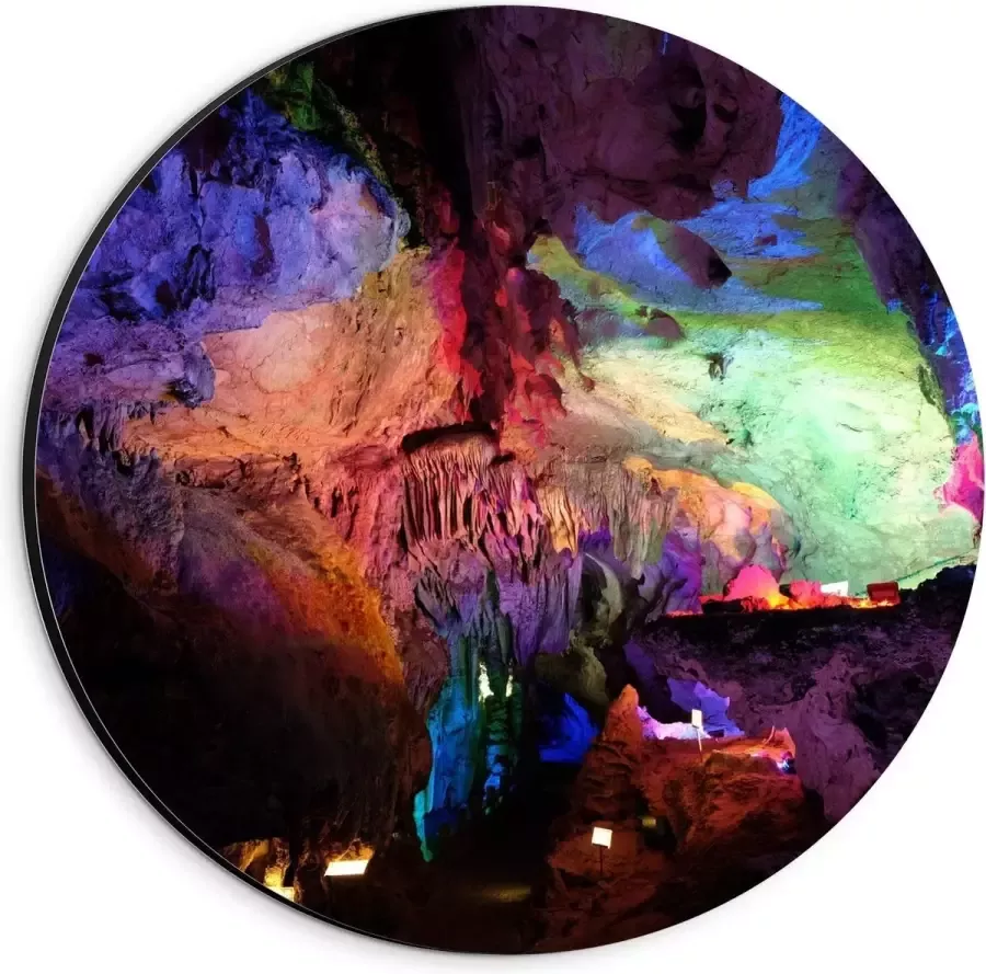 KuijsFotoprint Dibond Wandcirkel Grotten met Gekleurde Lampen 20x20cm Foto op Aluminium Wandcirkel (met ophangsysteem)