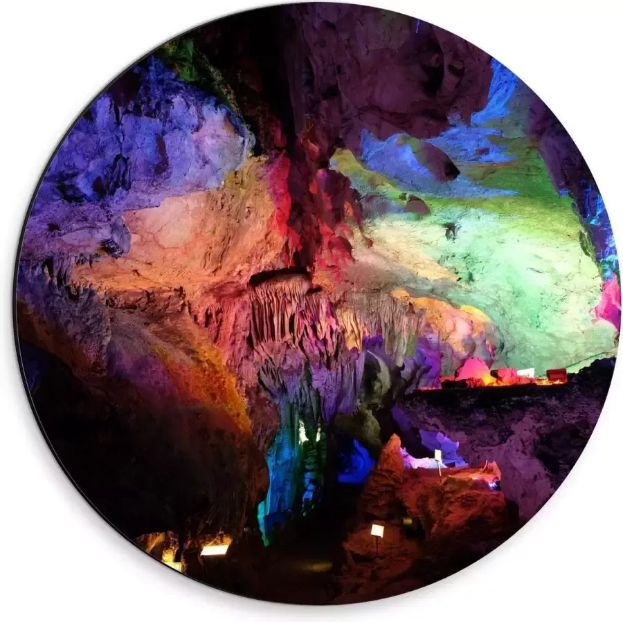 KuijsFotoprint Dibond Wandcirkel Grotten met Gekleurde Lampen 30x30cm Foto op Aluminium Wandcirkel (met ophangsysteem)