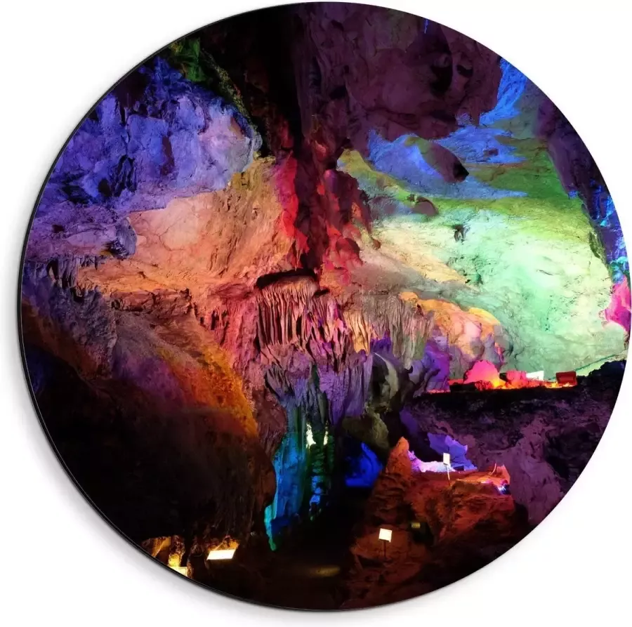 KuijsFotoprint Dibond Wandcirkel Grotten met Gekleurde Lampen 40x40cm Foto op Aluminium Wandcirkel (met ophangsysteem)