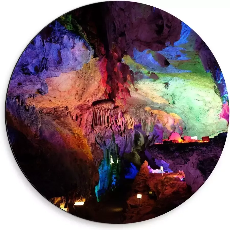 KuijsFotoprint Dibond Wandcirkel Grotten met Gekleurde Lampen 50x50cm Foto op Aluminium Wandcirkel (met ophangsysteem)