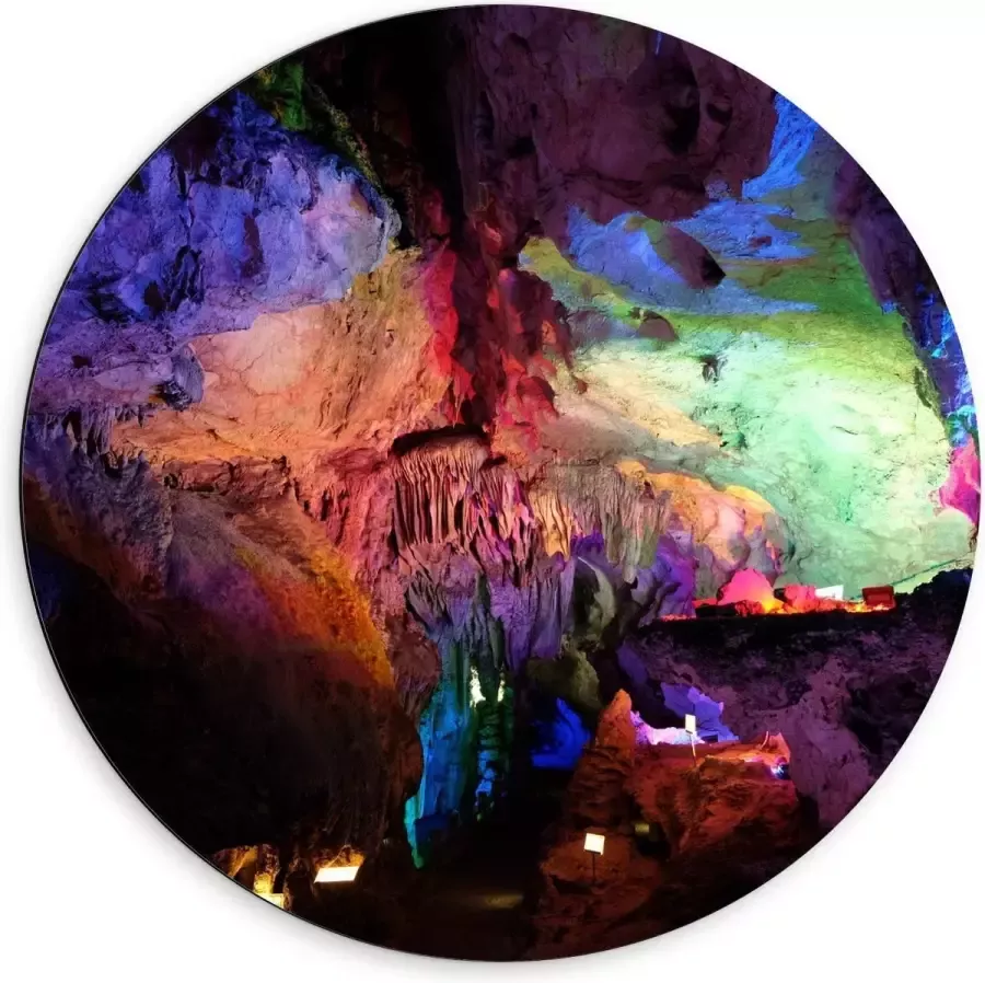 KuijsFotoprint Dibond Wandcirkel Grotten met Gekleurde Lampen 60x60cm Foto op Aluminium Wandcirkel (met ophangsysteem)