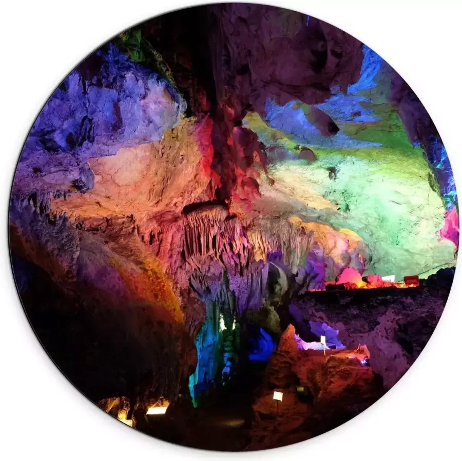 KuijsFotoprint Dibond Wandcirkel Grotten met Gekleurde Lampen 70x70cm Foto op Aluminium Wandcirkel (met ophangsysteem)