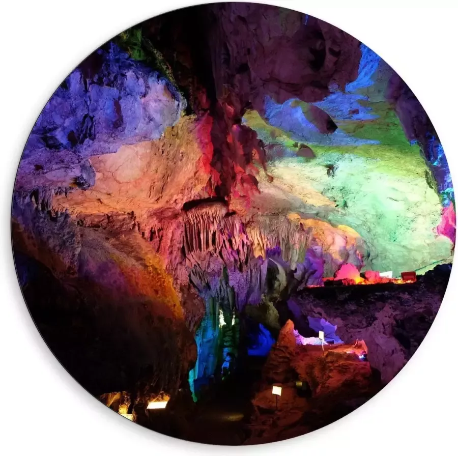 KuijsFotoprint Dibond Wandcirkel Grotten met Gekleurde Lampen 80x80cm Foto op Aluminium Wandcirkel (met ophangsysteem)
