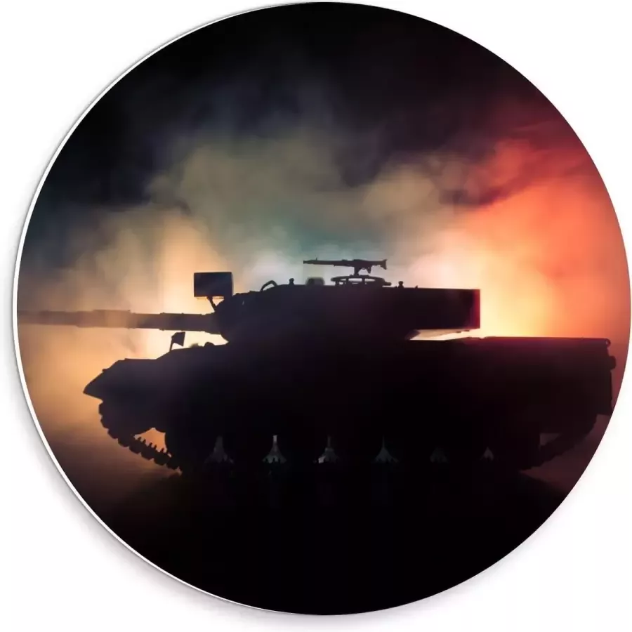 KuijsFotoprint Forex Wandcirkel Silhouet van Tank tegen Lampen en Rook 30x30cm Foto op Wandcirkel (met ophangsysteem)