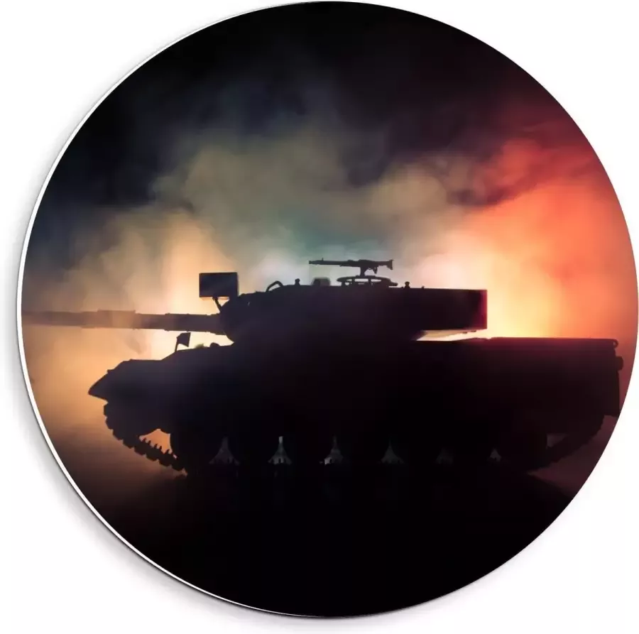 KuijsFotoprint Forex Wandcirkel Silhouet van Tank tegen Lampen en Rook 40x40cm Foto op Wandcirkel (met ophangsysteem)