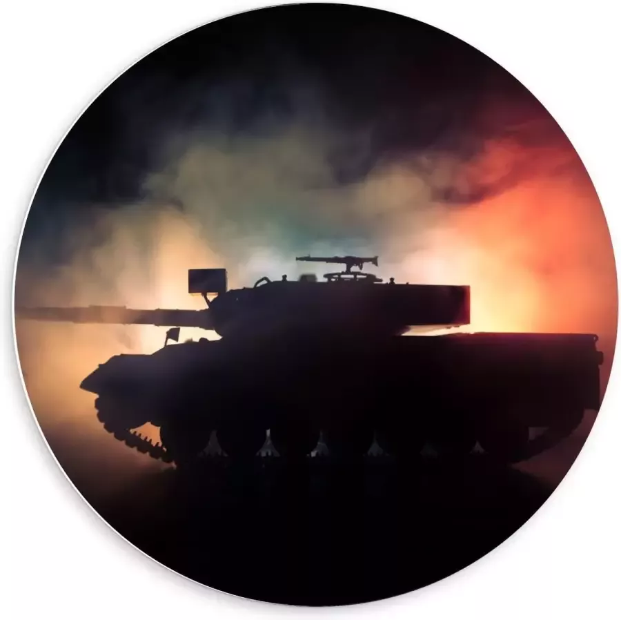 KuijsFotoprint Forex Wandcirkel Silhouet van Tank tegen Lampen en Rook 60x60cm Foto op Wandcirkel (met ophangsysteem)