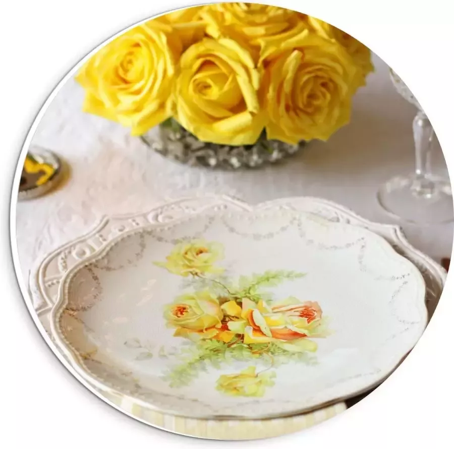 KuijsFotoprint Forex Wandcirkel Tafel Gedekt met Gele Bloemen 20x20cm Foto op Wandcirkel (met ophangsysteem)