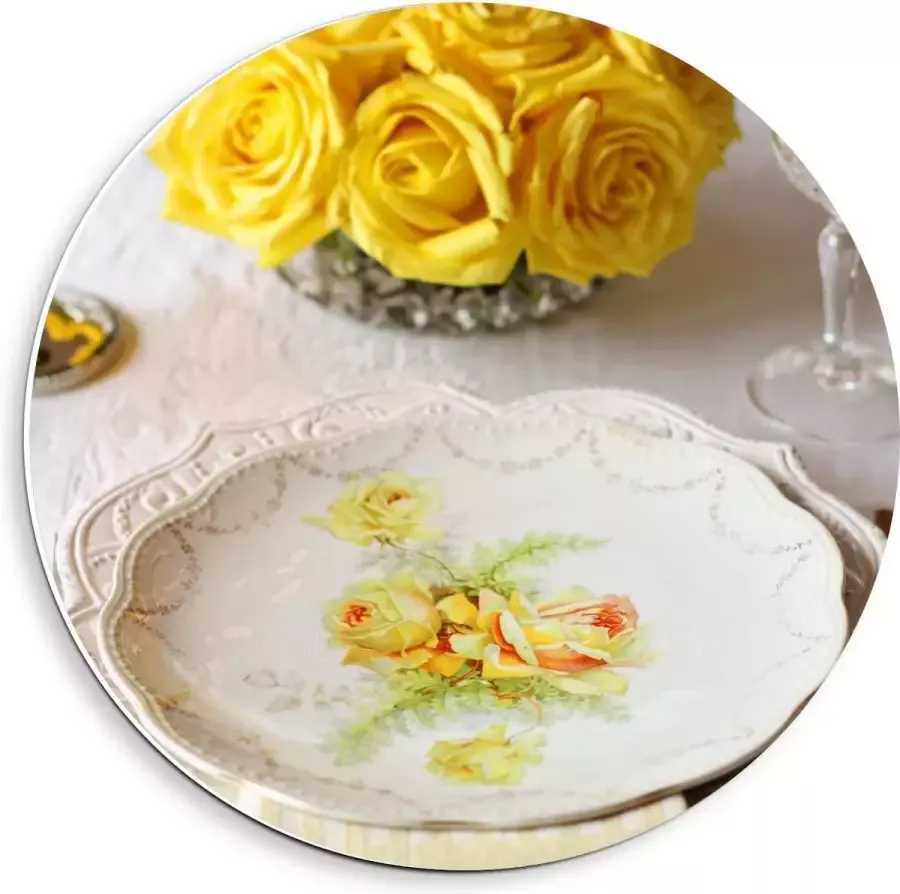 KuijsFotoprint Forex Wandcirkel Tafel Gedekt met Gele Bloemen 40x40cm Foto op Wandcirkel (met ophangsysteem)