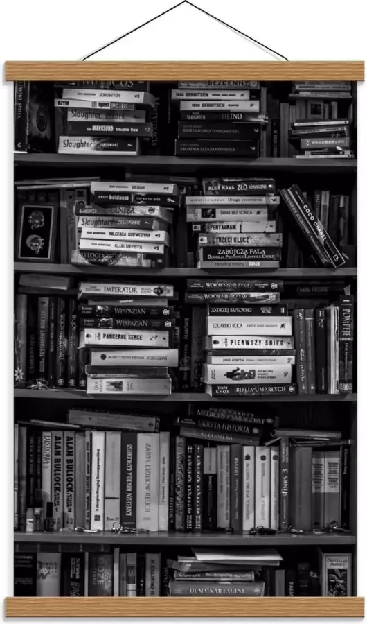 KuijsFotoprint Schoolplaat – Boekenkast in Zwart Wit 40x60cm Foto op Textielposter (Wanddecoratie op Schoolplaat)