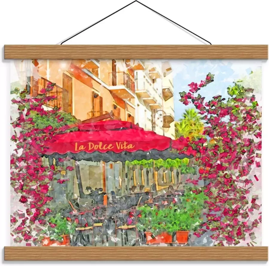 KuijsFotoprint Schoolplaat – Geschilderd Terras met Roze Parasol 40x30cm Foto op Textielposter (Wanddecoratie op Schoolplaat)