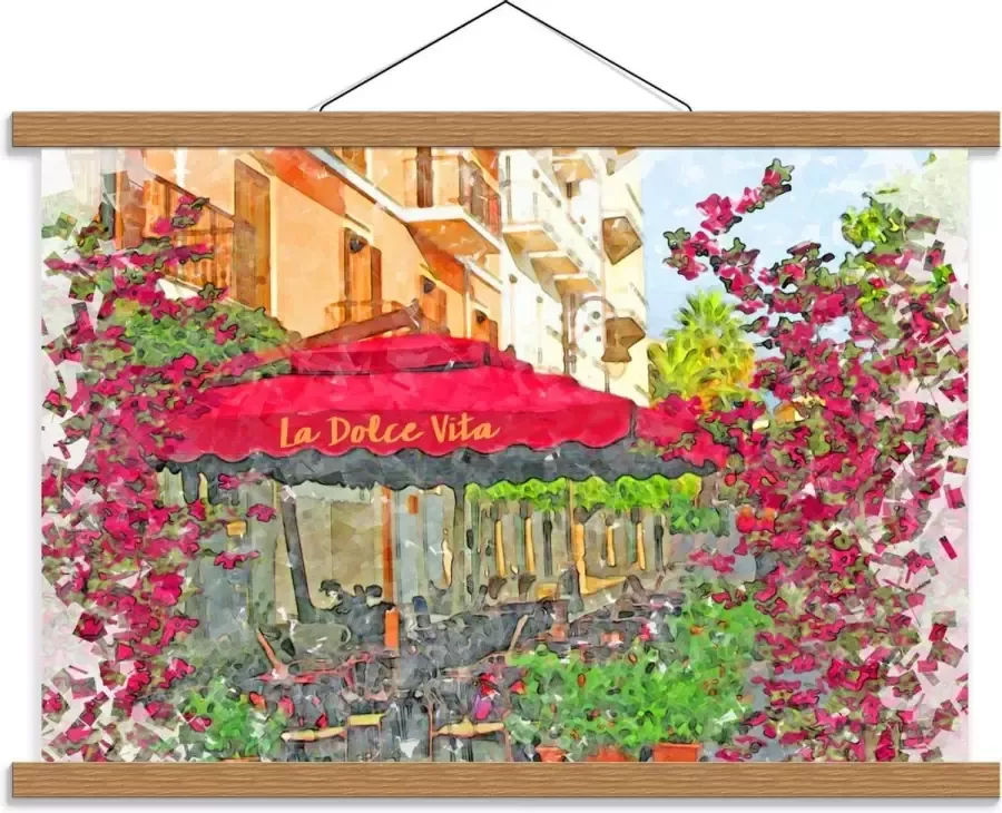 KuijsFotoprint Schoolplaat – Geschilderd Terras met Roze Parasol 60x40cm Foto op Textielposter (Wanddecoratie op Schoolplaat)