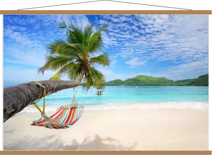 KuijsFotoprint Schoolplaat – Hangmat aan Palmboom op Tropisch Eiland 120x80cm Foto op Textielposter (Wanddecoratie op Schoolplaat)