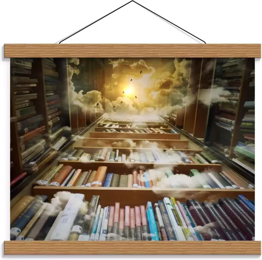 KuijsFotoprint Schoolplaat – Omringde Boekenkasten met Uitzicht omhoog 40x30cm Foto op Textielposter (Wanddecoratie op Schoolplaat)