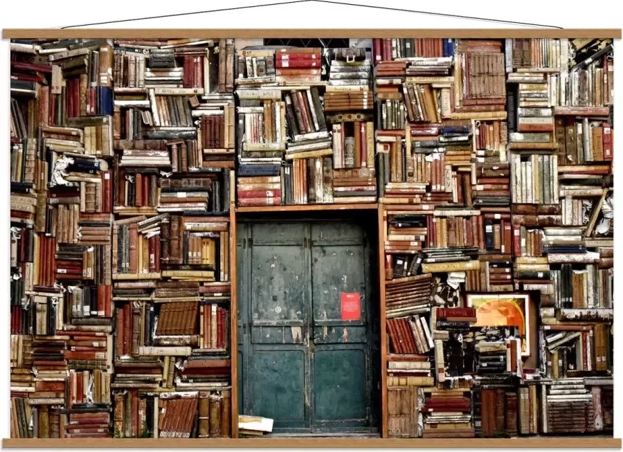 KuijsFotoprint Schoolplaat – Overvolle Boekenkast met Deur in het Midden 150x100cm Foto op Textielposter (Wanddecoratie op Schoolplaat)