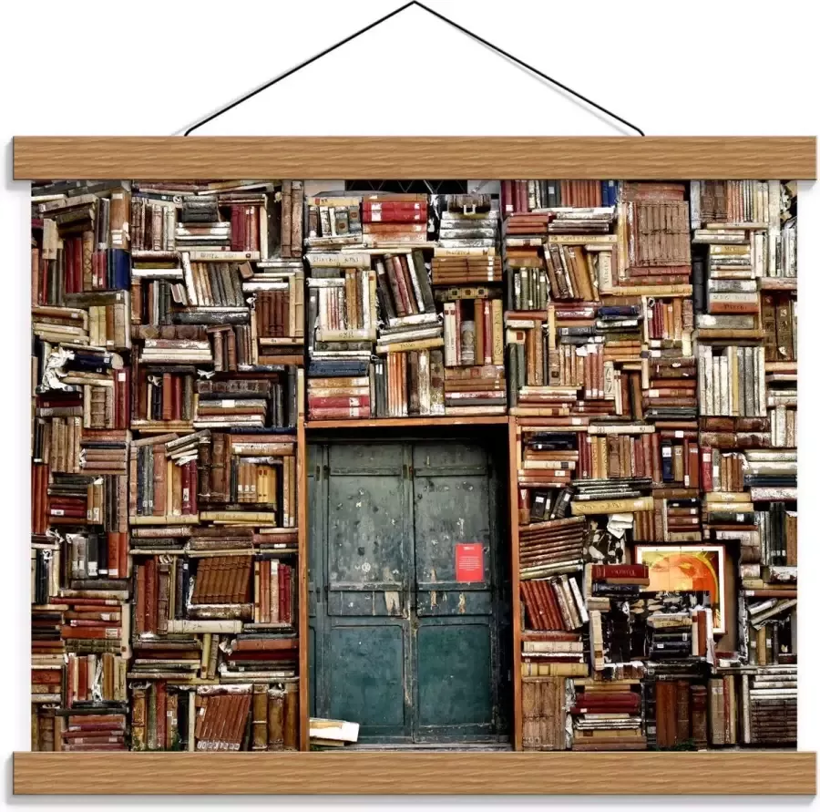 KuijsFotoprint Schoolplaat – Overvolle Boekenkast met Deur in het Midden 40x30cm Foto op Textielposter (Wanddecoratie op Schoolplaat)