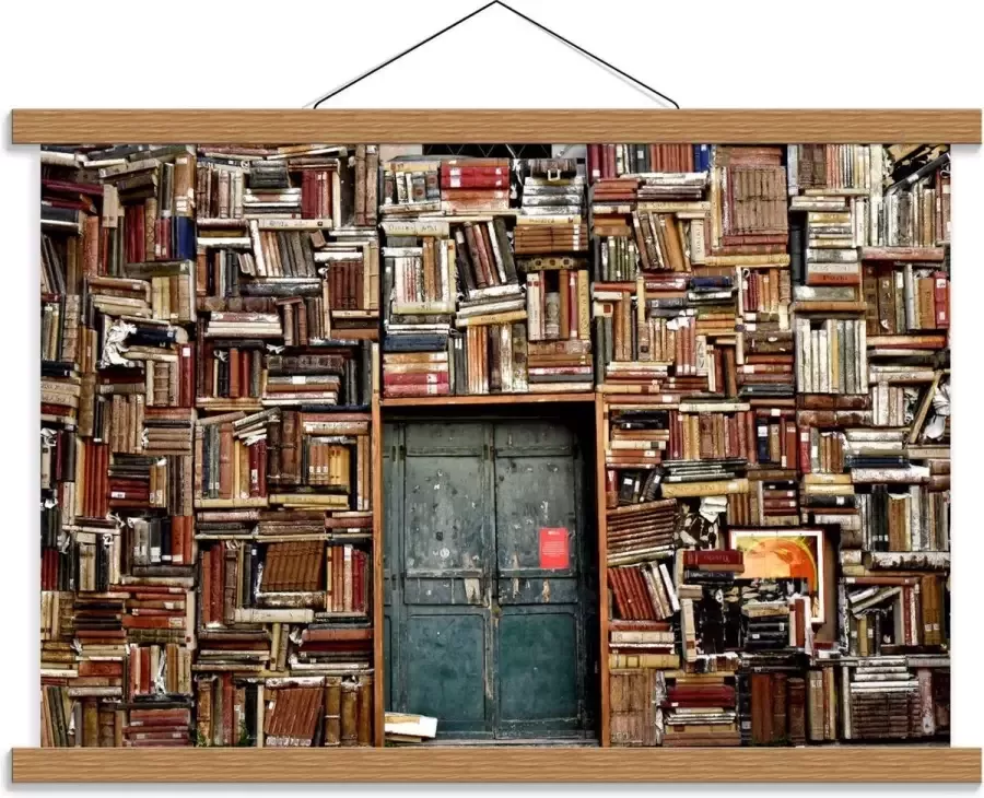 KuijsFotoprint Schoolplaat – Overvolle Boekenkast met Deur in het Midden 60x40cm Foto op Textielposter (Wanddecoratie op Schoolplaat)